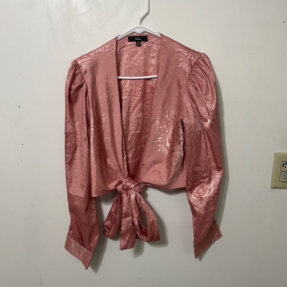 Lulus Pink Floral Jacquard Tie Front Cropped Puff Sleeve Blouse Womens Size Med